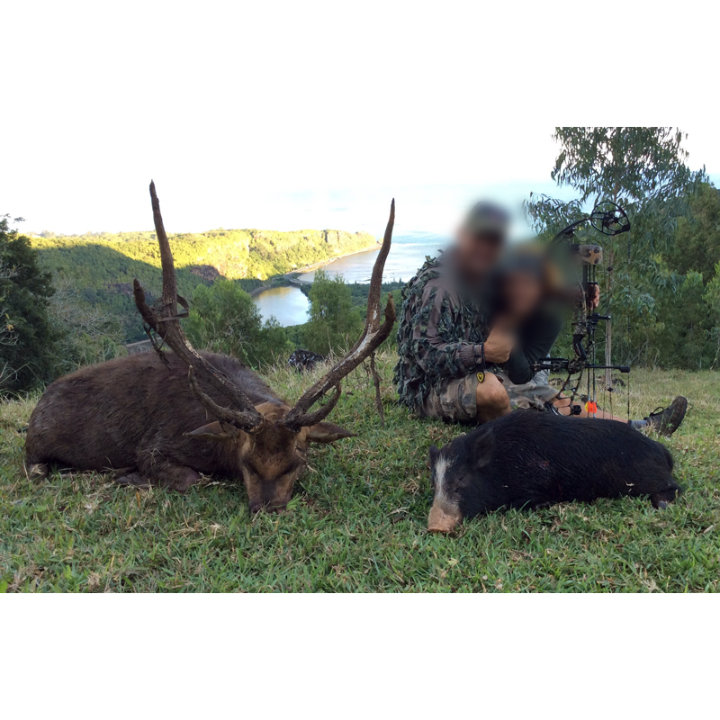 bow hunter and Javan rusa deer trophy in Mauritius